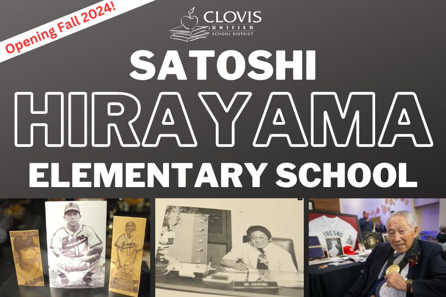 Opening Fall 2024: Satoshi Hirayama Elementary School. Three photos of Hirayama: one from his baseball career, one from his educational career, and one from his CUSD Hall of Fame induction.