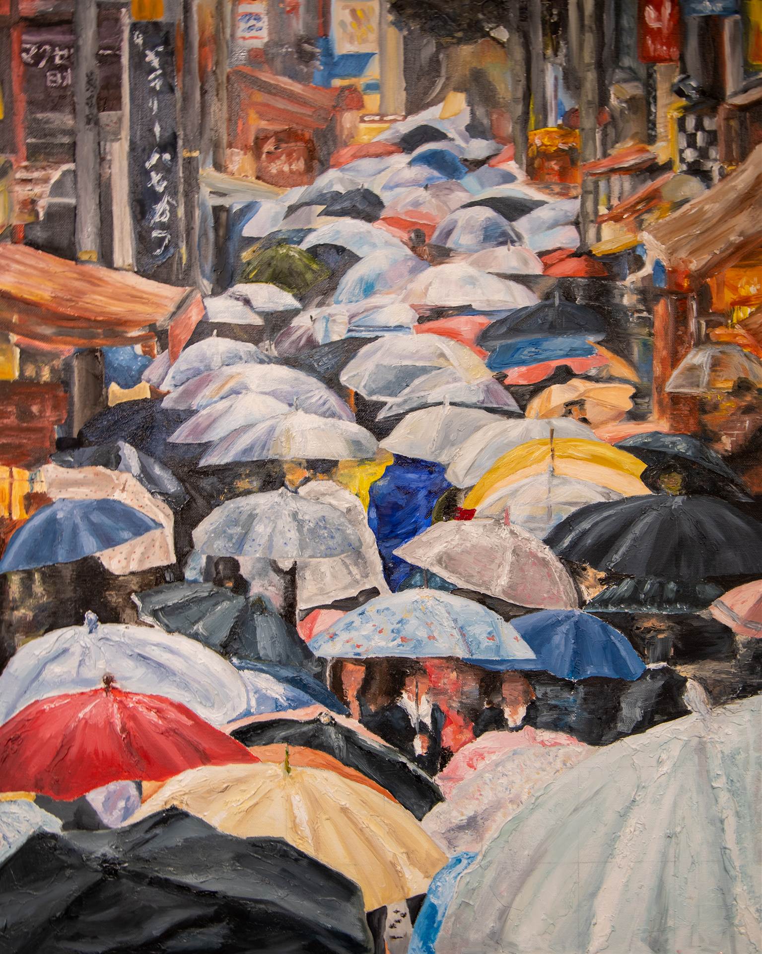 Painting of People with Umbrellas