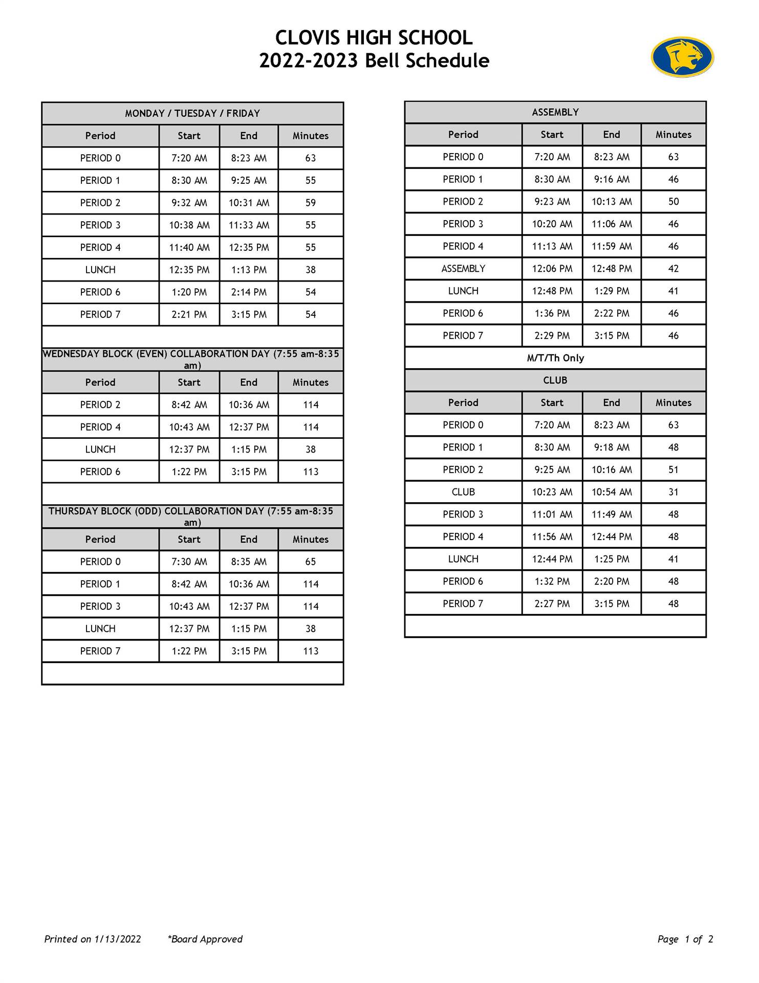 CHS Area Bell Schedule - full text downloadable below