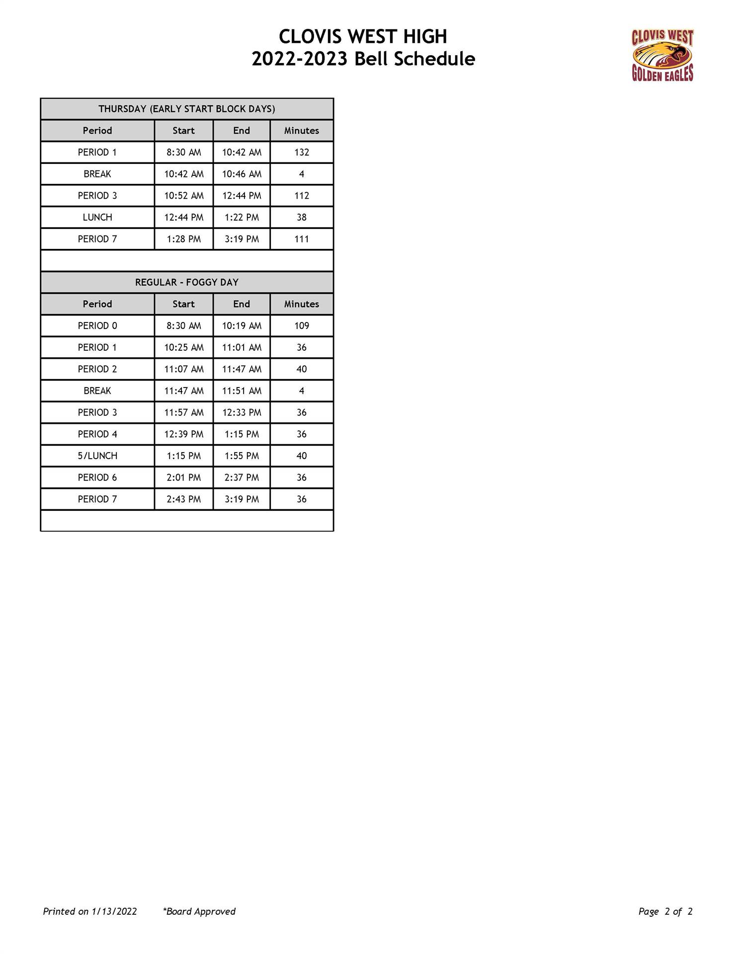 CWHS Area Bell Schedule - full text downloadable below