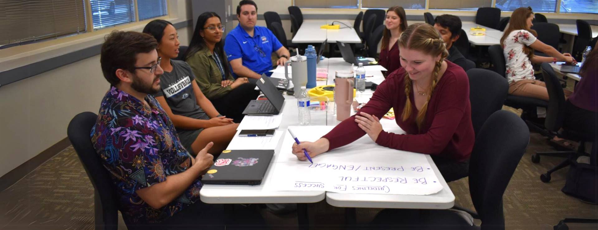A team sitting at a table composing a "Guidelines for Success" poster.