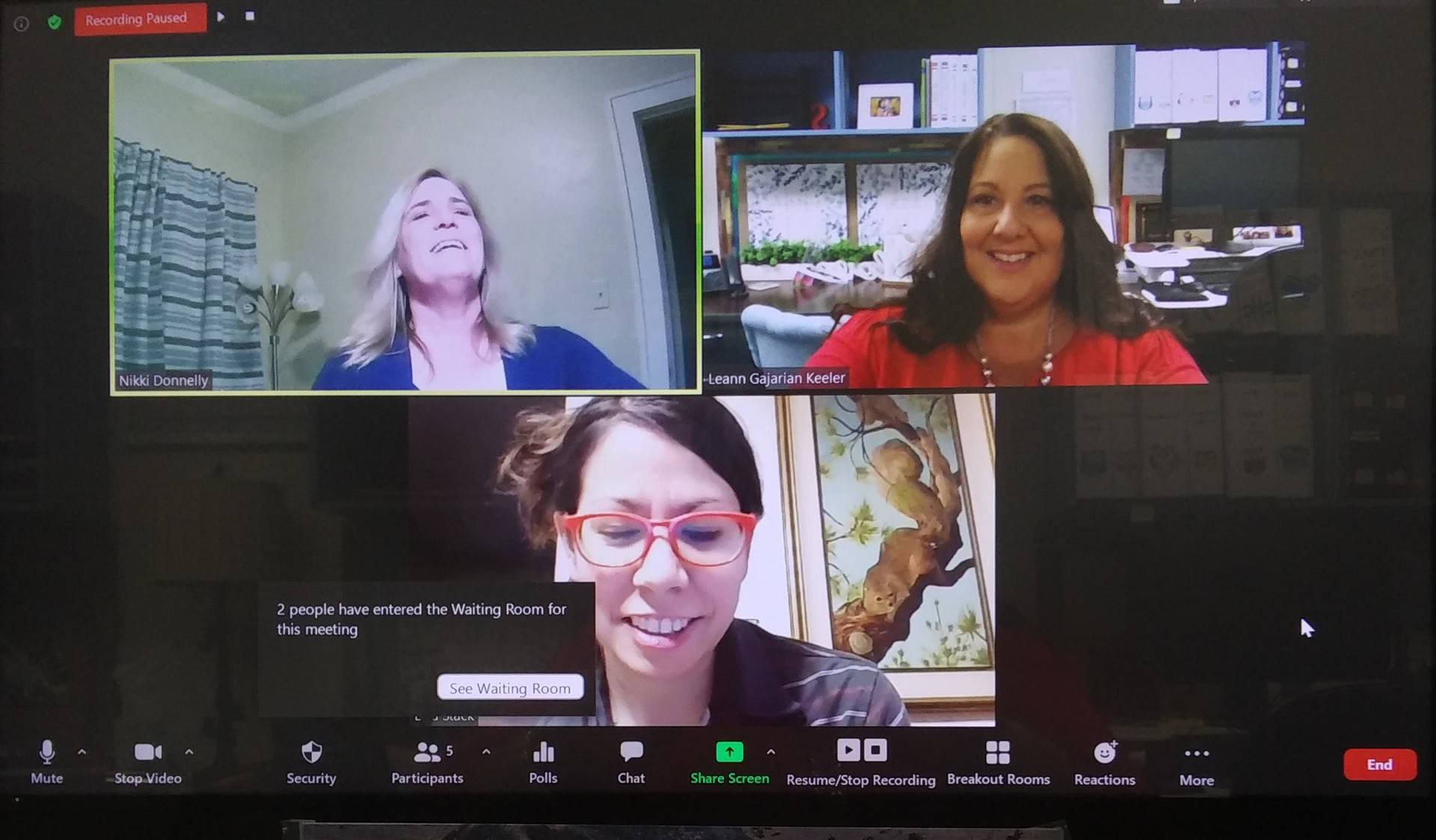 computer screen during Zoom meeting. 3 women smiling
