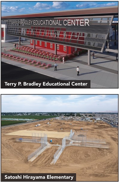 Construction photos and renderings of Satoshi Hirayama Elementary and the Terry P. Bradley Educational Center